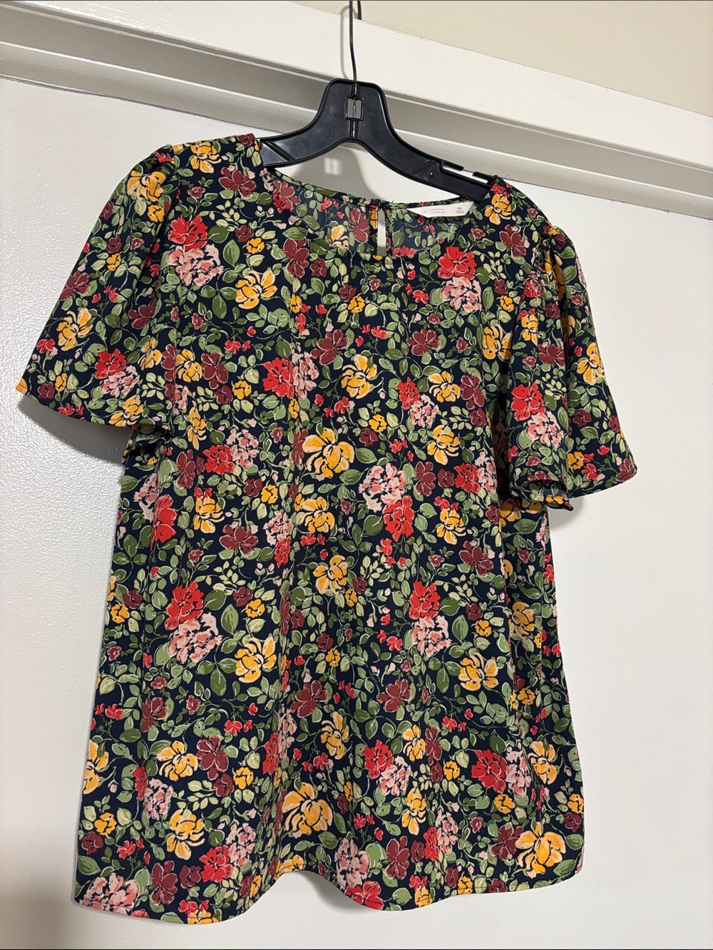LC Lauren Conrad Navy Floral Short Sleeve Blouse with Red Yellow & Pink Flowers